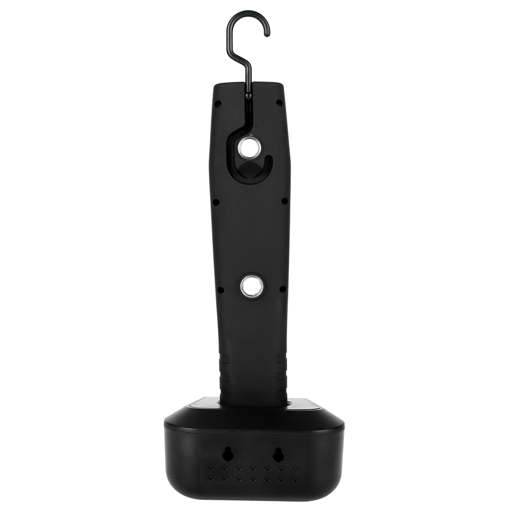 Back view of the work light showing the built-in folding hanging hook, two strong magnets, and dual hanging holes.