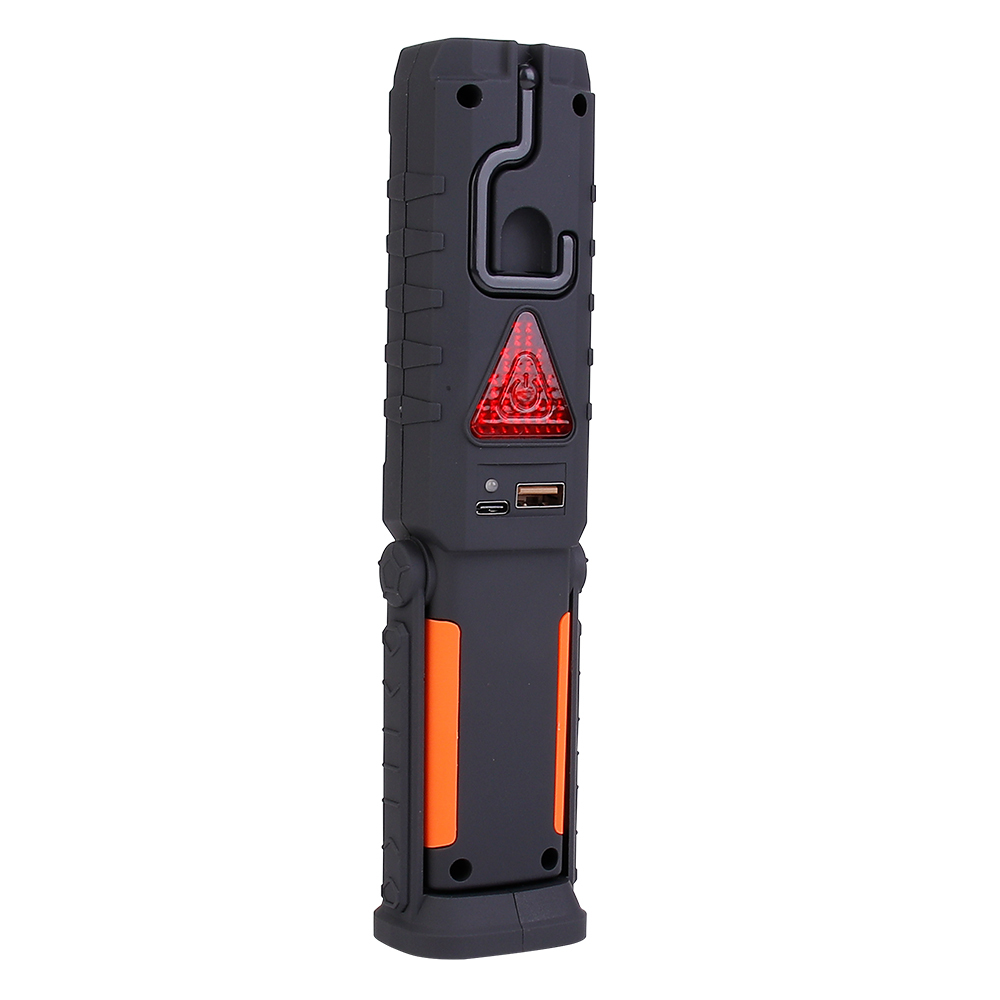 Back view of the rechargeable LED work light showing the red triangle warning light, swivel hook, and USB charging interface.