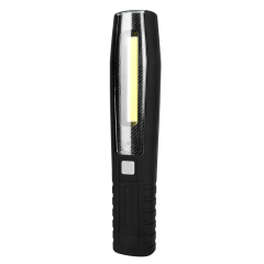 Front vertical view of a black rechargeable LED work light highlighting the long COB panel.