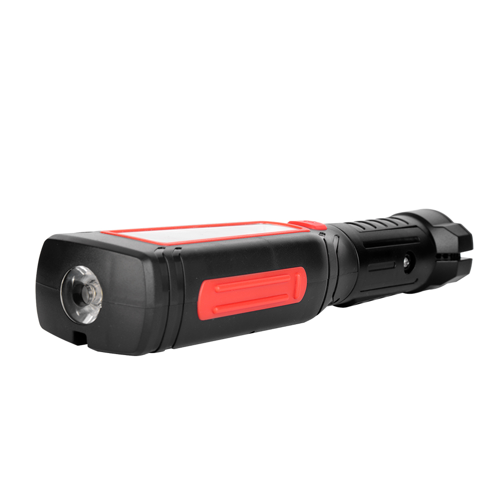 Side view profile of the rechargeable LED work light laid flat, showing the top LED torch lens.