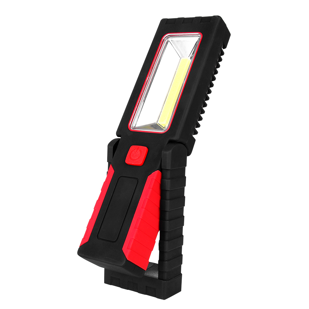Angled view of the magnetic LED work light demonstrating its 180-degree rotating base and kickstand functionality.