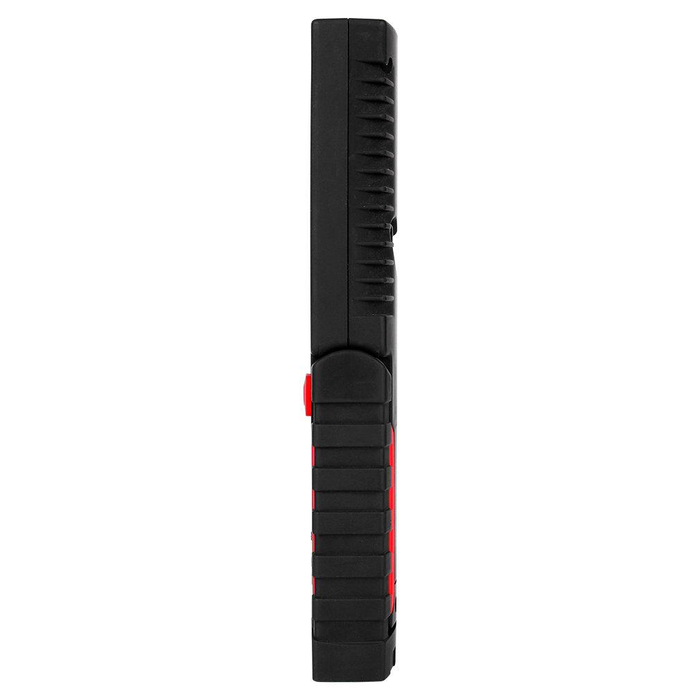 Side view profile of a slim handheld LED work light highlighting its rugged textured grip design.