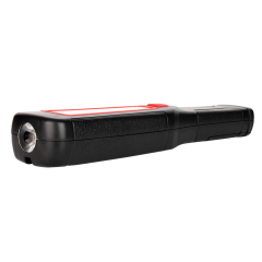 Side view profile of the slim black work light laid flat, highlighting the top LED torch lens on the tip.