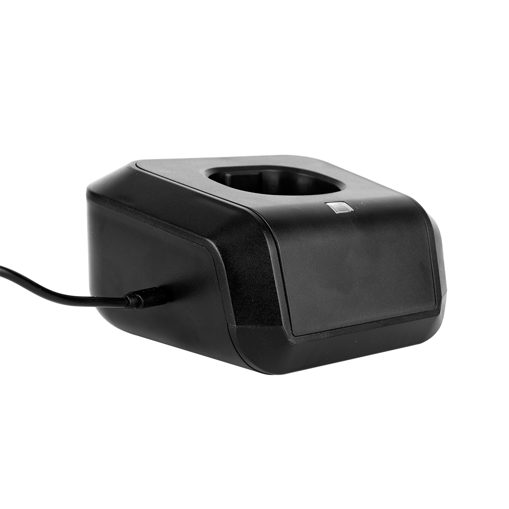 Side view of the black charging base connected with a power interface cable on a white background.