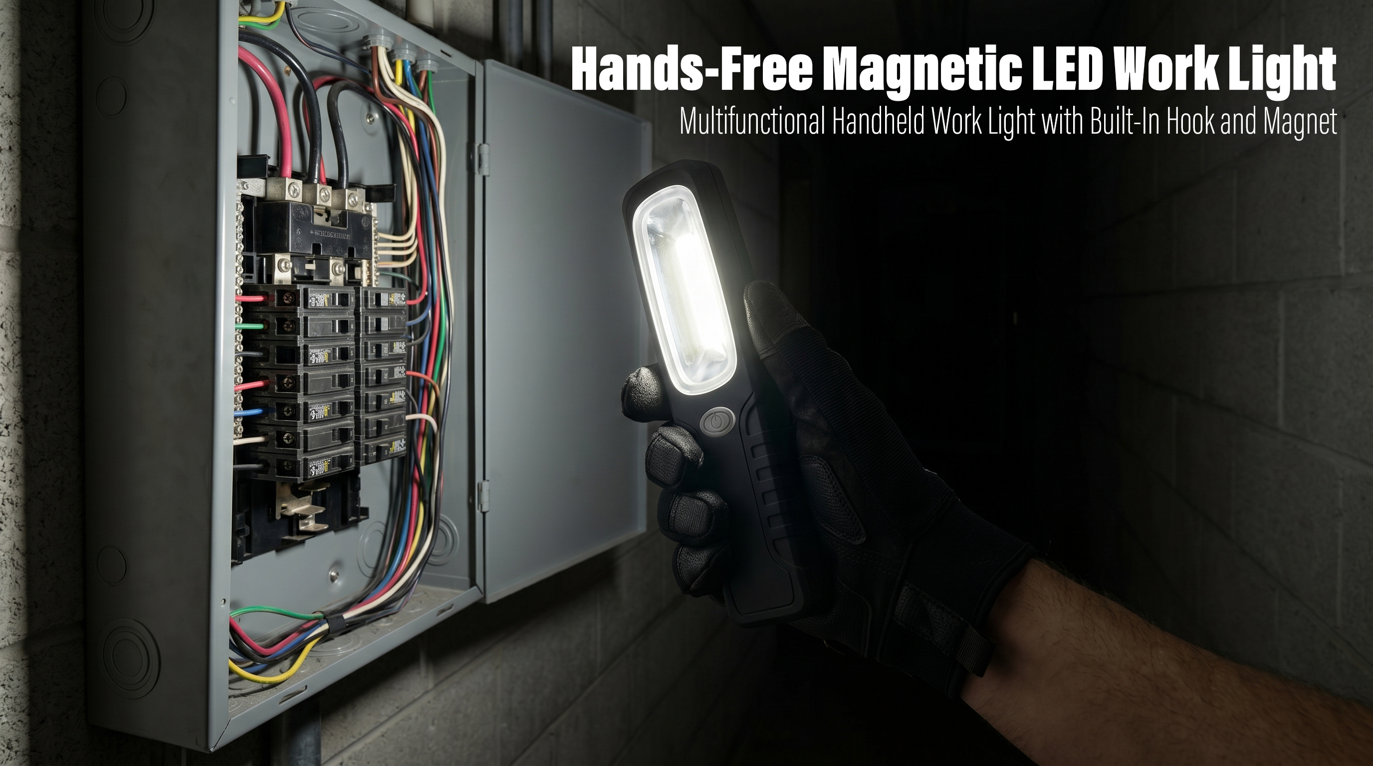 A person wearing a black glove holds a high-brightness handheld LED work light to illuminate an open electrical panel during maintenance and inspection.