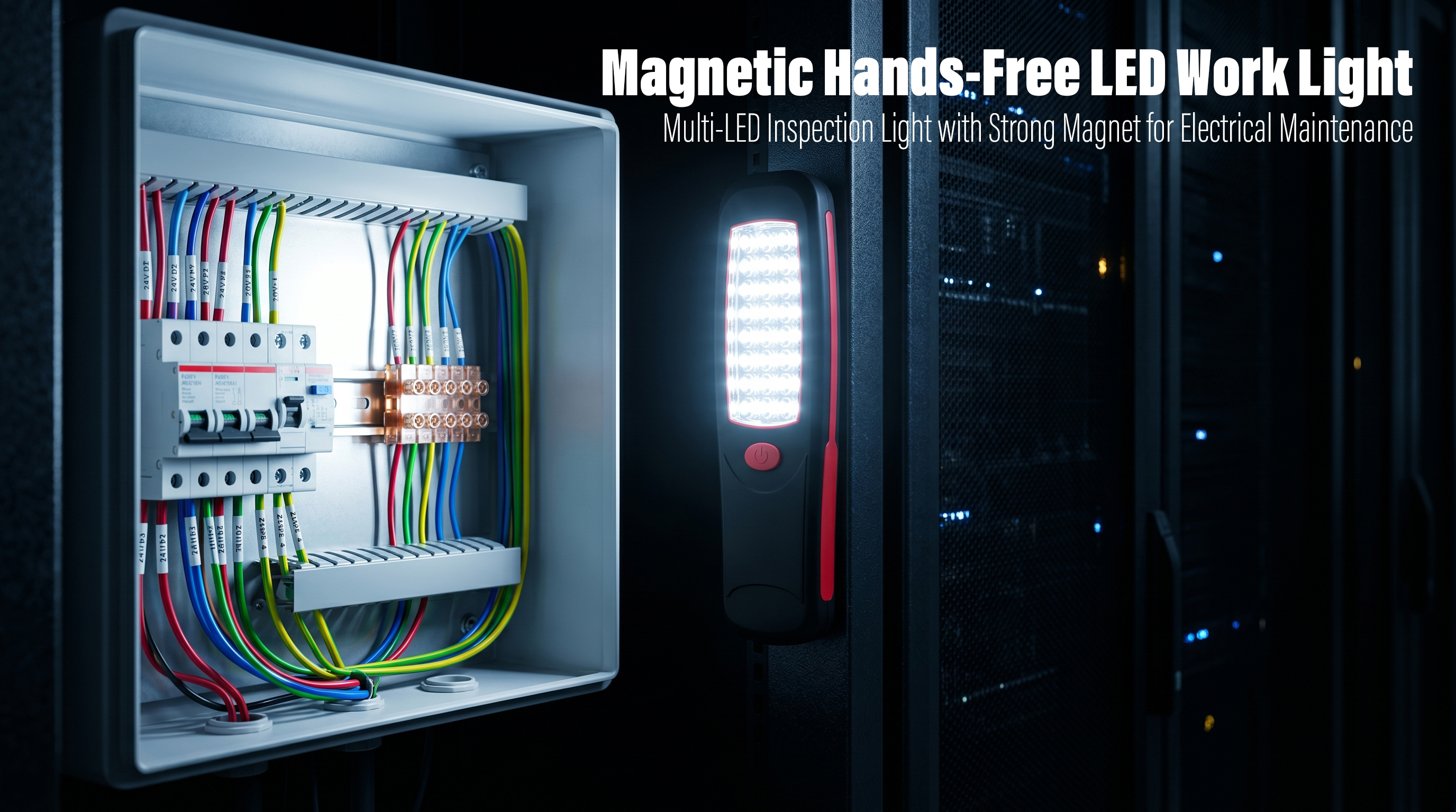 A high-brightness magnetic hands-free LED work light mounts onto a server rack to illuminate an electrical breaker box with colorful wires.