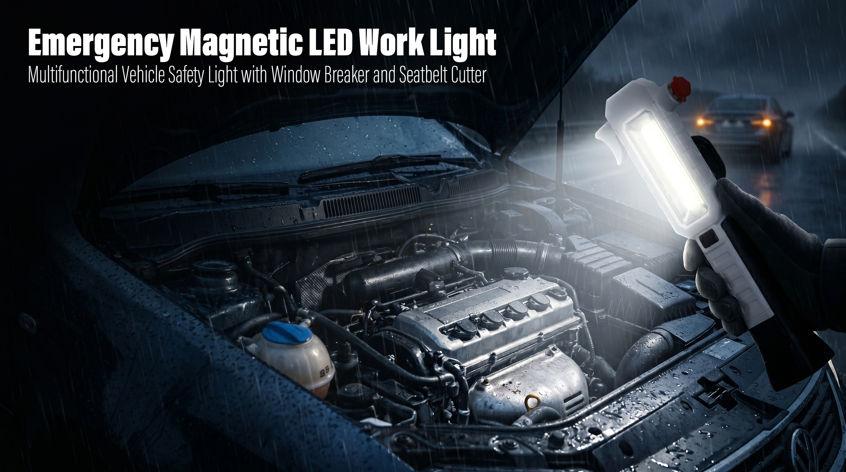 A person holds a multifunctional emergency LED work light to illuminate a car engine bay during a rainy night roadside rescue.