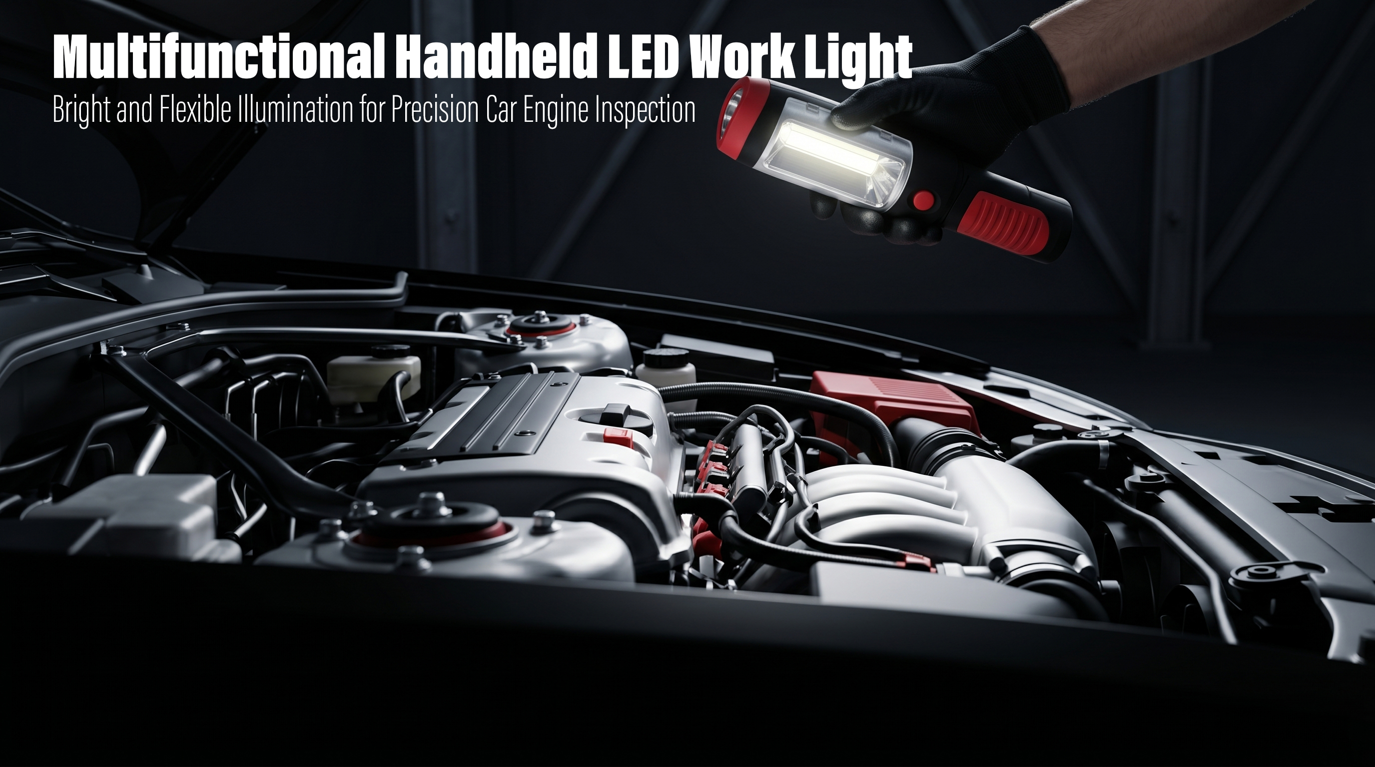 A mechanic wearing a black glove holds a multifunctional handheld LED work light with red accents to illuminate a car engine bay during automotive maintenance.
