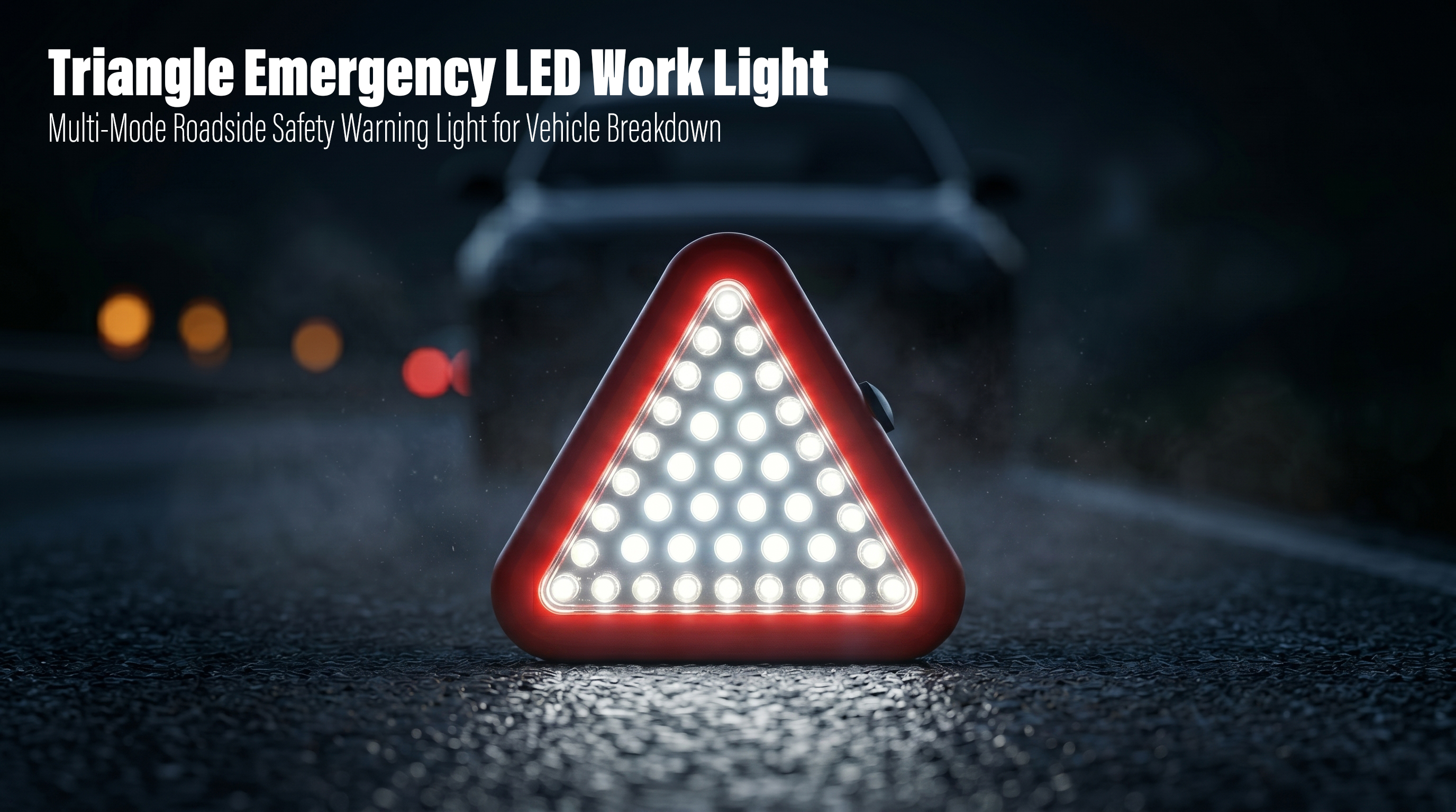 A high-brightness triangle emergency LED work light illuminates white and red warning lights on an asphalt road at night with a blurred broken-down car in the background.