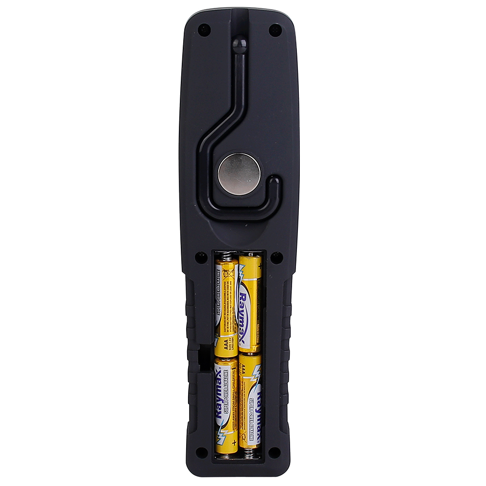 Back profile of the battery-operated LED work light with its compartment open, showing slot space for four AA batteries.