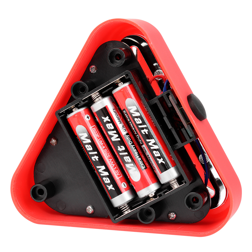 Open back compartment of the battery-operated triangle emergency LED work light showing the installation slot for three AA batteries.