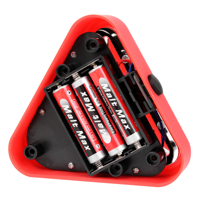 Open back compartment of the battery-operated triangle emergency LED work light showing the installation slot for three AA batteries.