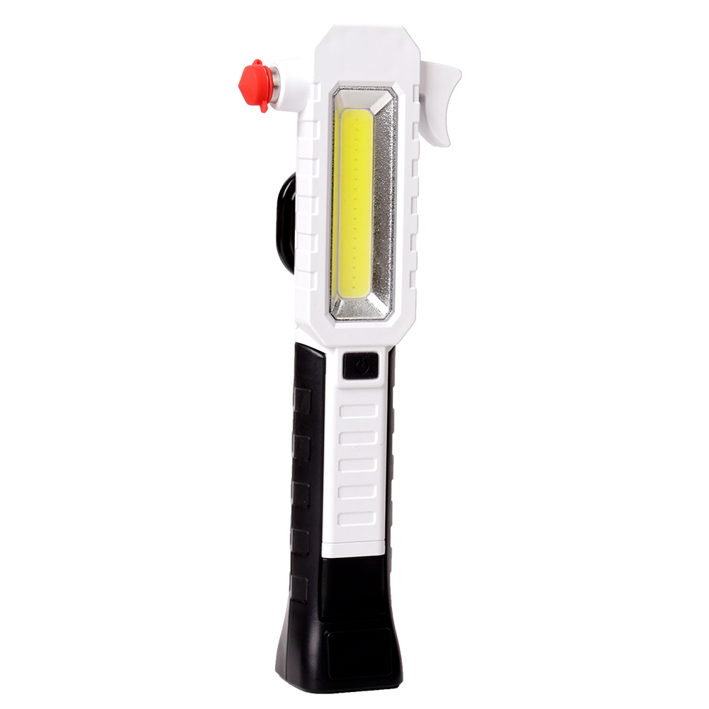 Full back view of the white emergency safety LED work light showing the folding hook and integrated belt clip.