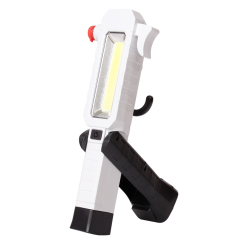 The white emergency safety LED work light with its black multi-angle pivoting stand fully extended.