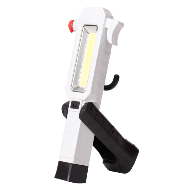 The white emergency safety LED work light with its black multi-angle pivoting stand fully extended.