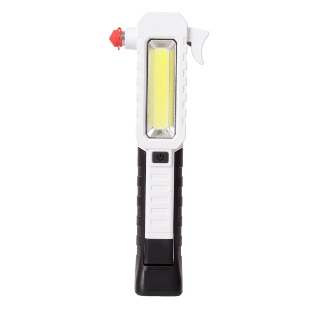 Front view of the white emergency safety LED work light featuring an integrated red window breaker and cutter.