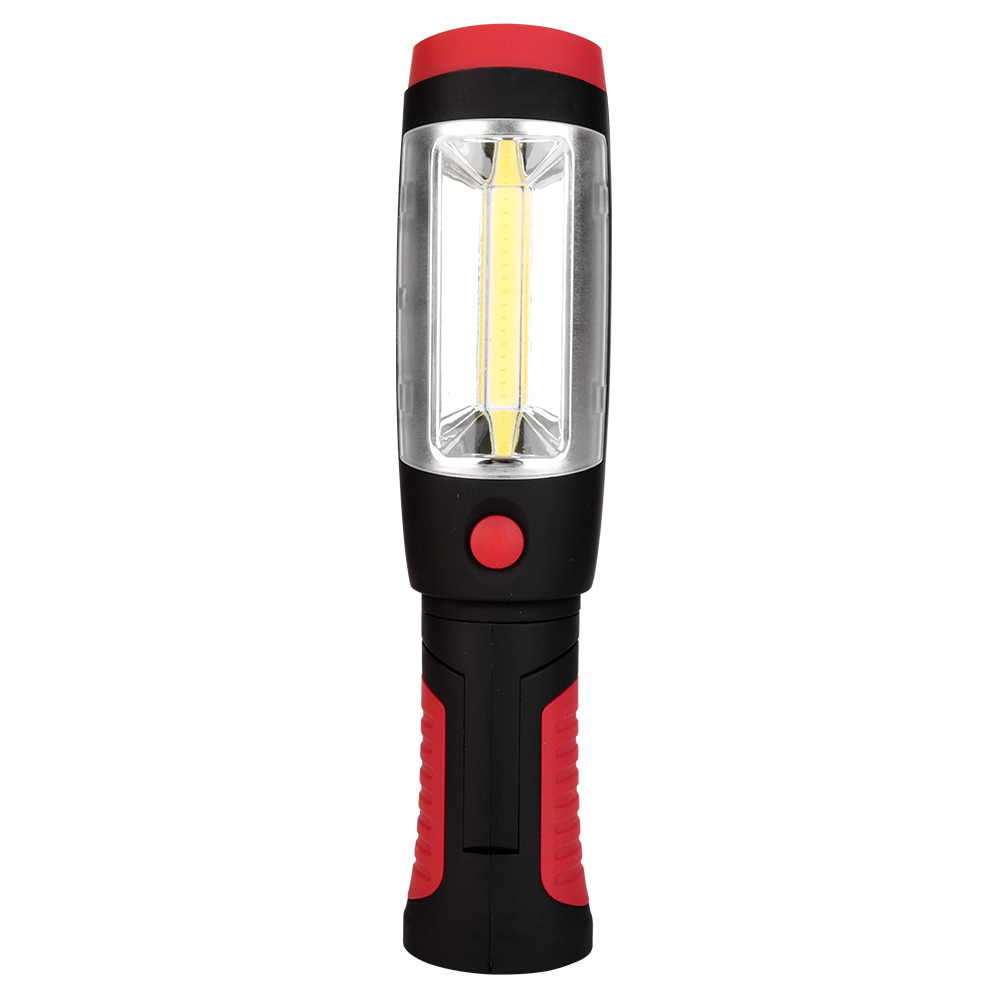 Front view of the handheld LED work light showing the central COB light panel and red power button.