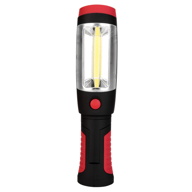 Front view of the handheld LED work light showing the central COB light panel and red power button.