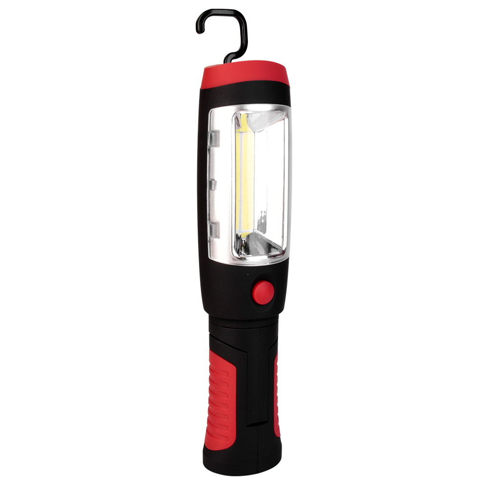 Front view of the handheld LED work light with its top swivel hook fully extended for hands-free hanging.
