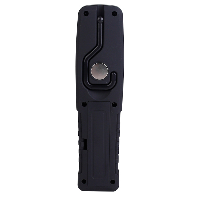 Back view of the hands-free LED work light focusing on the integrated folding swivel hanging hook and central circular magnet mounting point.