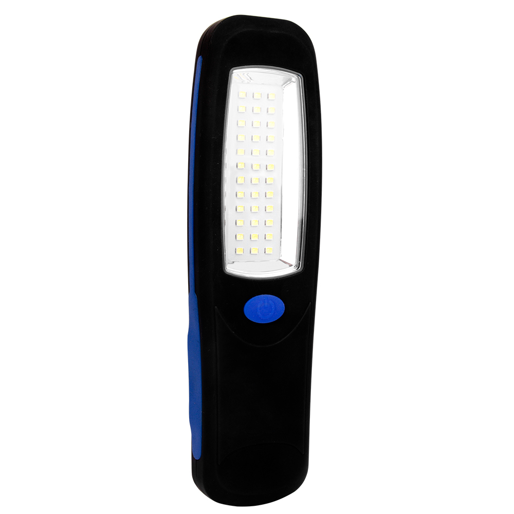 Front view of the hands-free LED work light version featuring a multi-LED grid panel and a blue power button.
