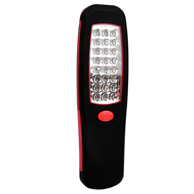 Front view of the dual-source hands-free LED work light version featuring an upper LED grid, a lower LED cluster, and a red button.