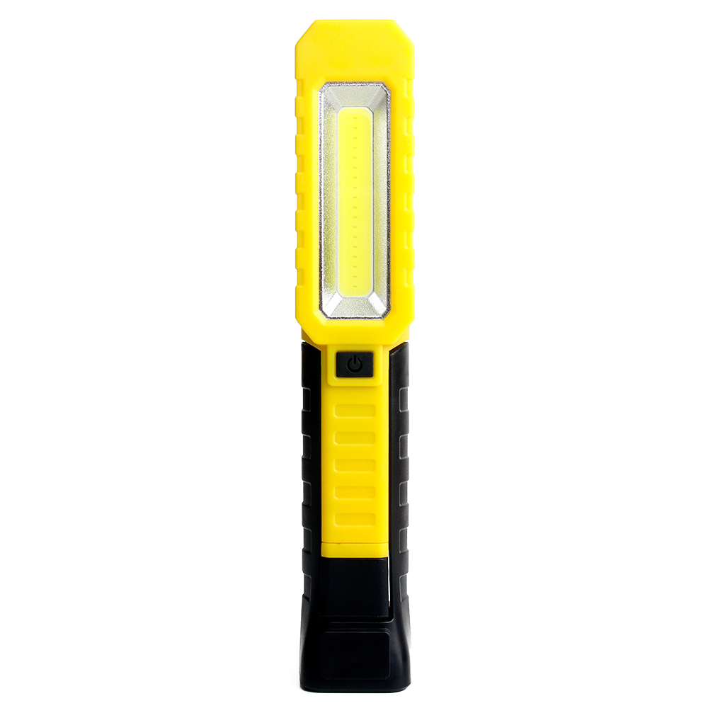 Front profile view of the yellow hands-free LED work light showing the long COB panel and black grip.