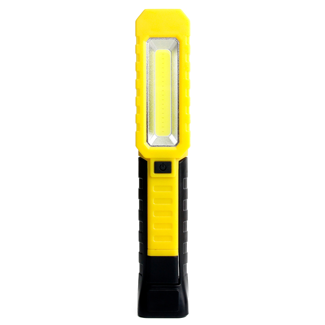 Front profile view of the yellow hands-free LED work light showing the long COB panel and black grip.