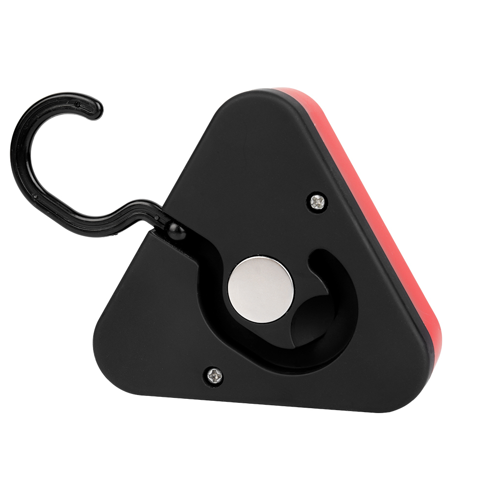 Back view of the hands-free triangle emergency LED work light with its built-in plastic hanging hook fully extended.