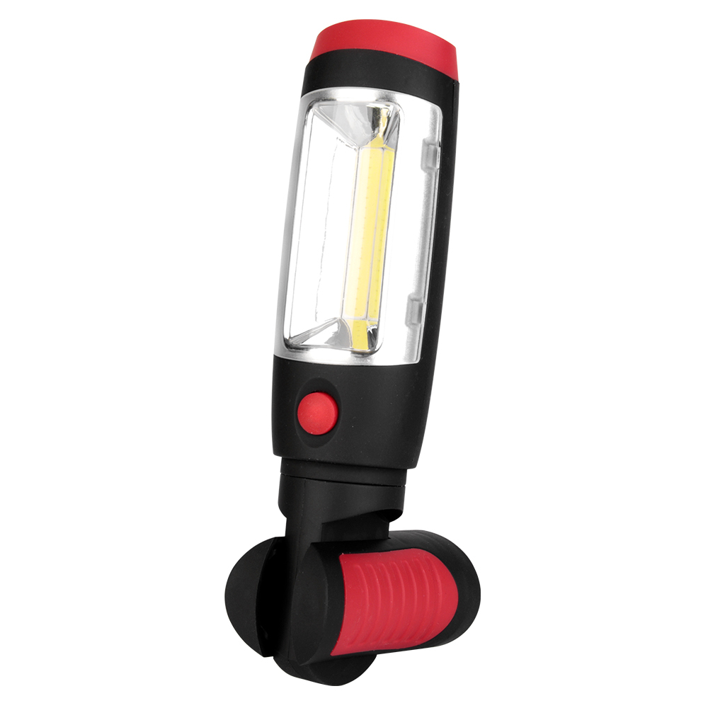 The LED work light with its lower red handle rotated at a 90-degree angle to create a stable base stand.
