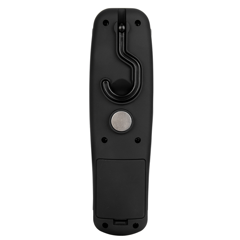 Full back view of the magnetic LED work light highlighting the circular built-in magnet and the integrated swivel hanging hook.