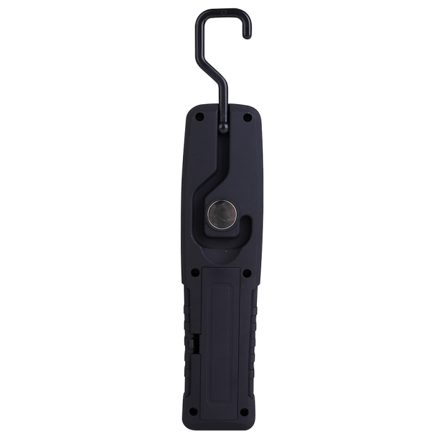Close-up view of the magnetic LED work light highlighting the bright yellow COB lighting strip and the red silicone power button.