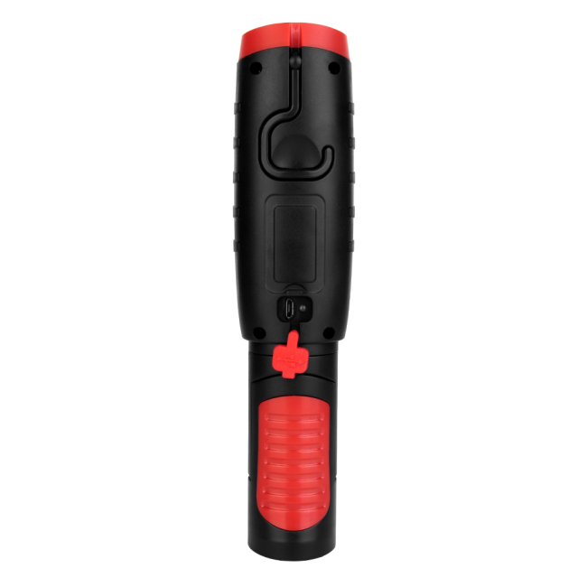 Back view of the rechargeable LED work light handle showing the integrated Micro-USB charging port and USB-A output interface.