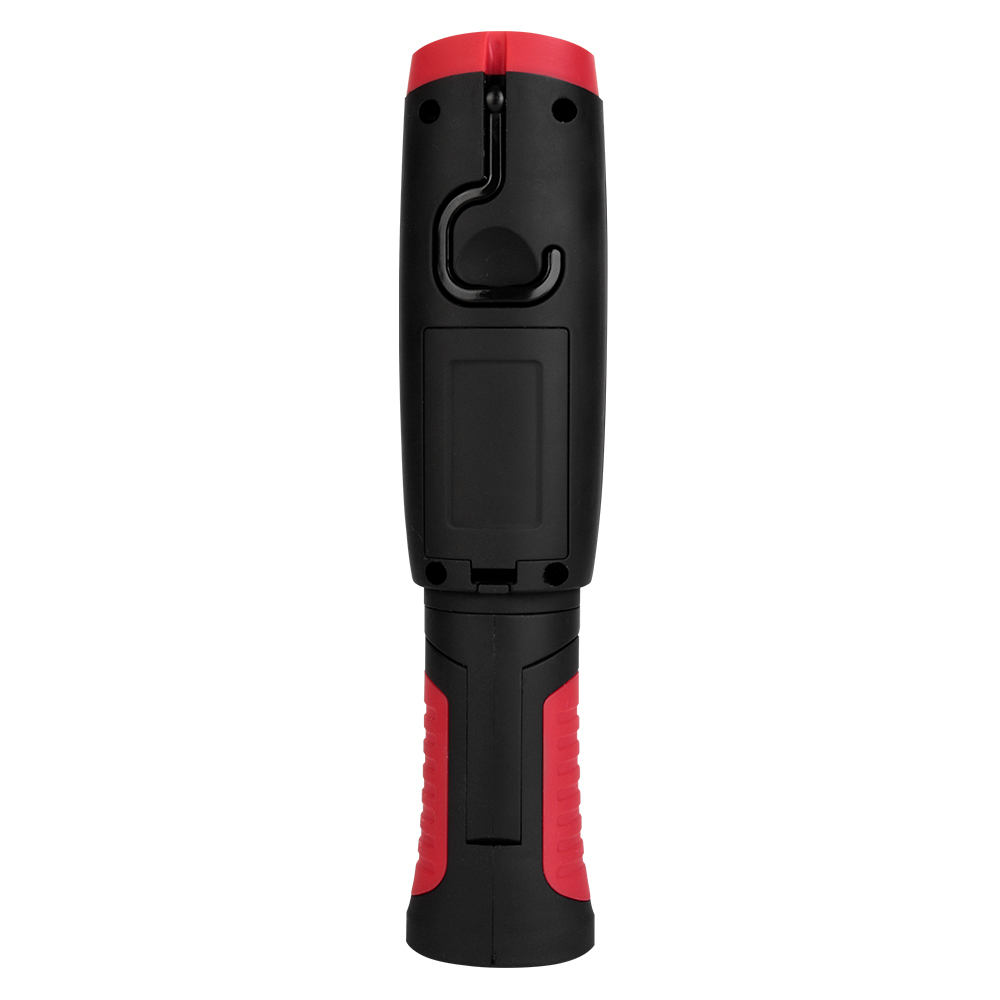 Full back view of the multifunctional LED work light with its integrated swivel hook folded flat.