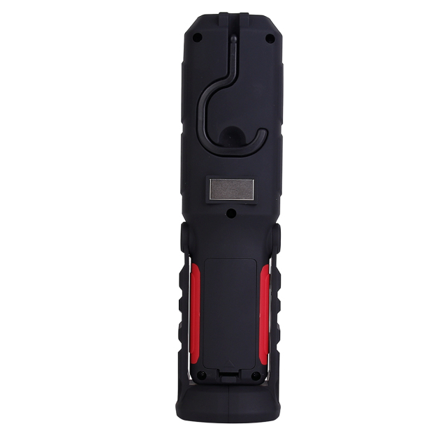 Full back view of the multifunctional magnetic LED work light showcasing the folded hanging hook and back magnet.