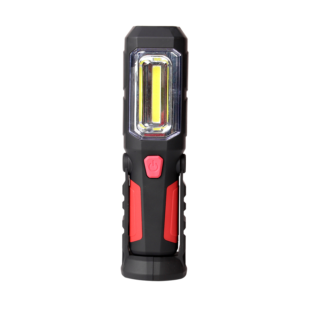 Front view of the multifunctional magnetic LED work light version featuring a bright yellow COB main panel.