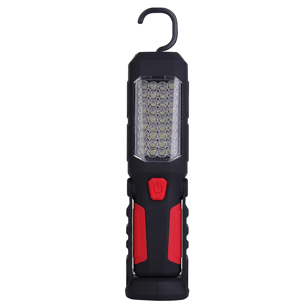 Back view of the multifunctional magnetic LED work light with its durable top plastic hanging hook fully extended.