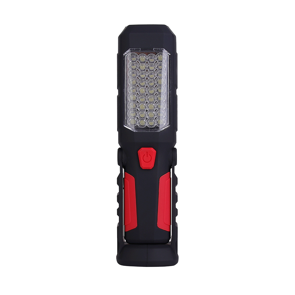 Front view of the multifunctional magnetic LED work light featuring a dense multi-LED main panel and red grips.