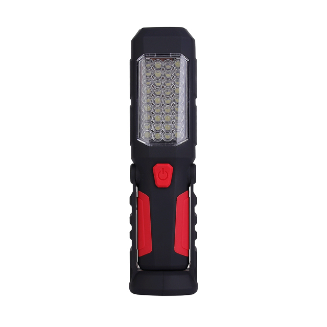 Front view of the multifunctional magnetic LED work light featuring a dense multi-LED main panel and red grips.