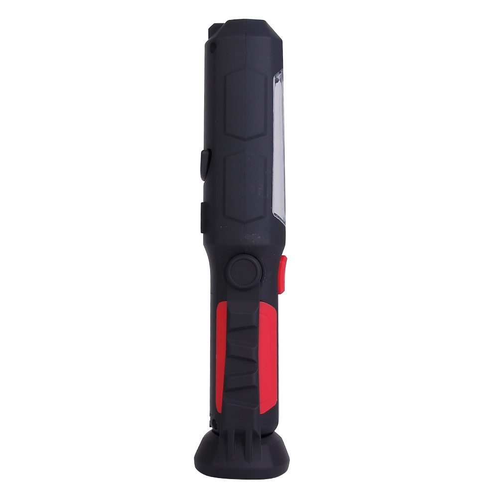 Side profile view of the multifunctional magnetic LED work light showcasing the slim black and red plastic housing.