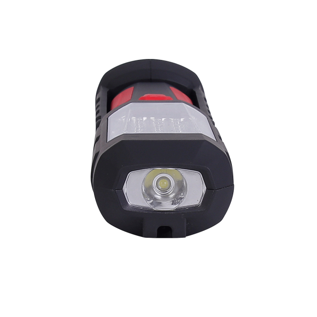Close-up top view of the multifunctional magnetic LED work light highlighting the independent 1W directional torch lens.