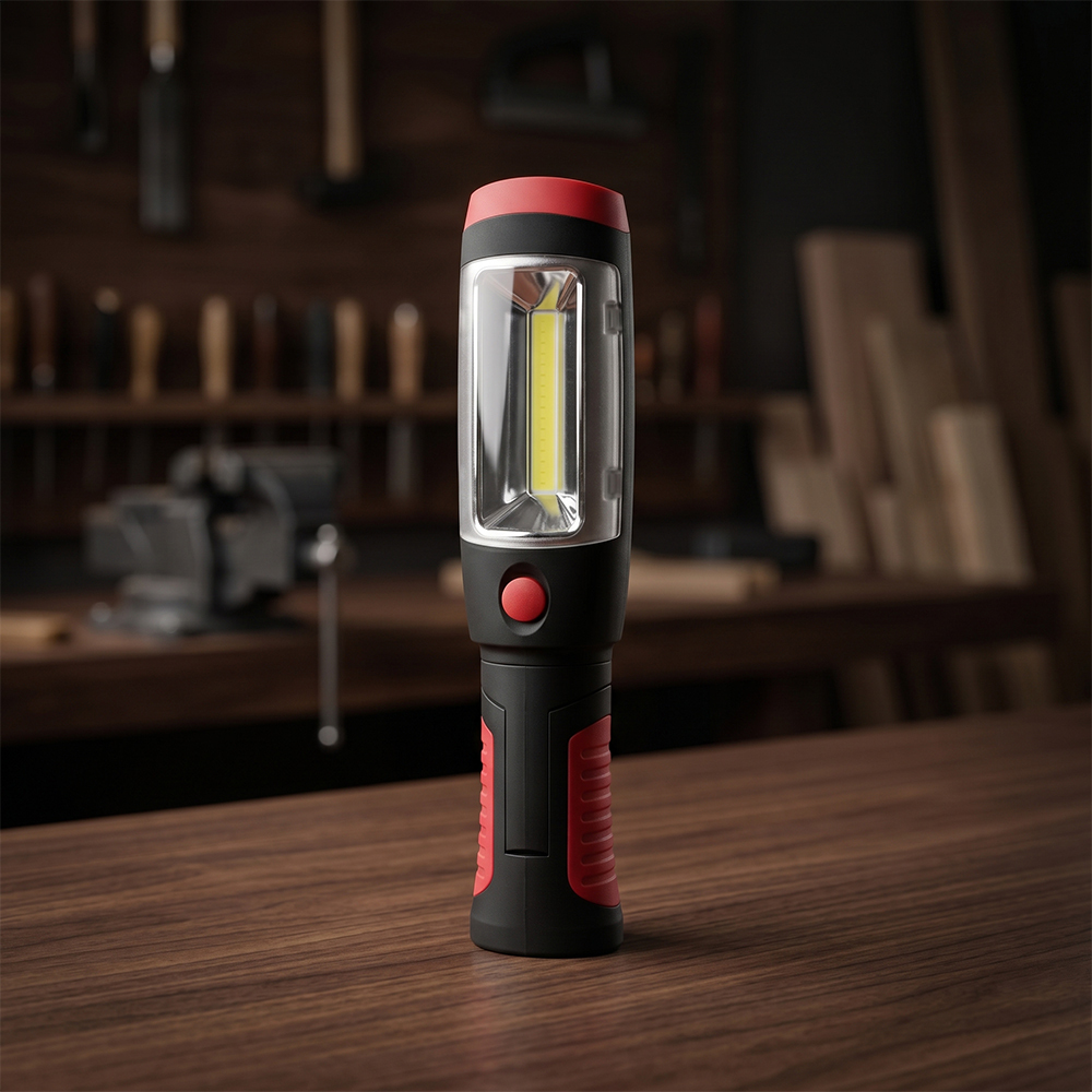 A black and red multifunctional LED work light standing vertically on a wooden workshop table.