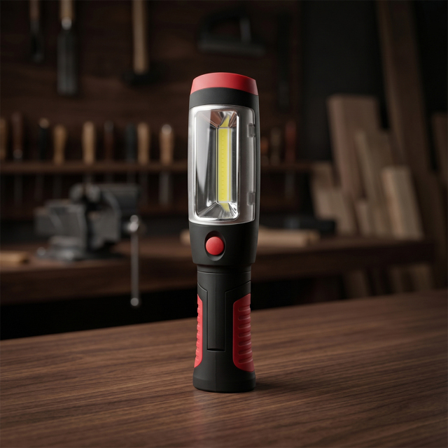 A black and red multifunctional LED work light standing vertically on a wooden workshop table.