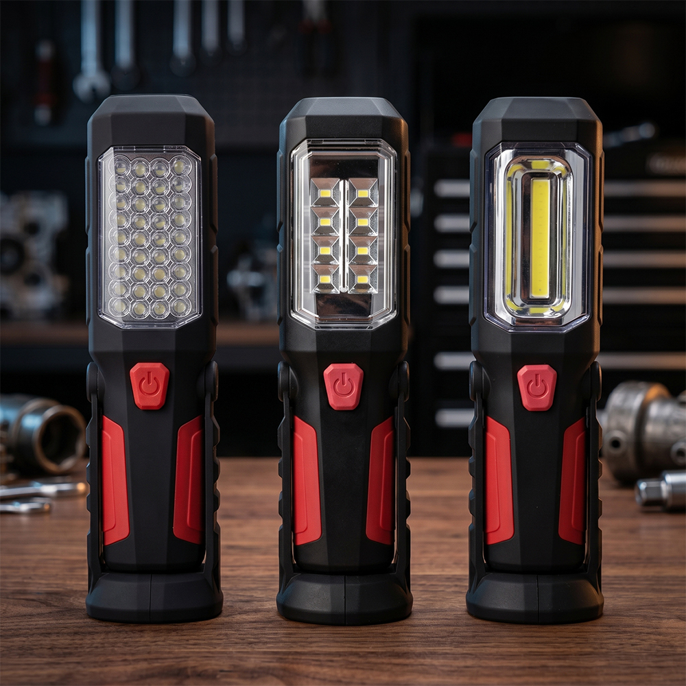 Three multifunctional magnetic LED work lights with different main light sources standing on a wooden workbench.