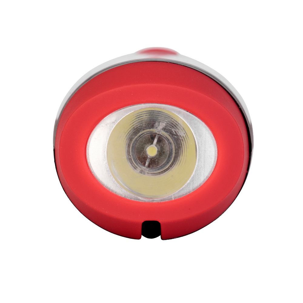 Close-up top view of the portable LED work light focusing on the single top LED torch spotlight.