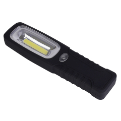 Side horizontal view of the portable LED work light focusing on the single top LED spotlight lens for precision inspection.