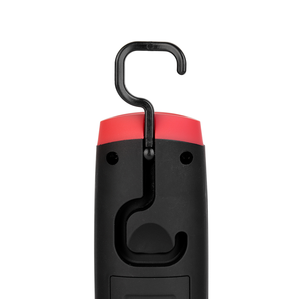 Close-up view of the back housing showing the integrated folding plastic swivel hanging hook.