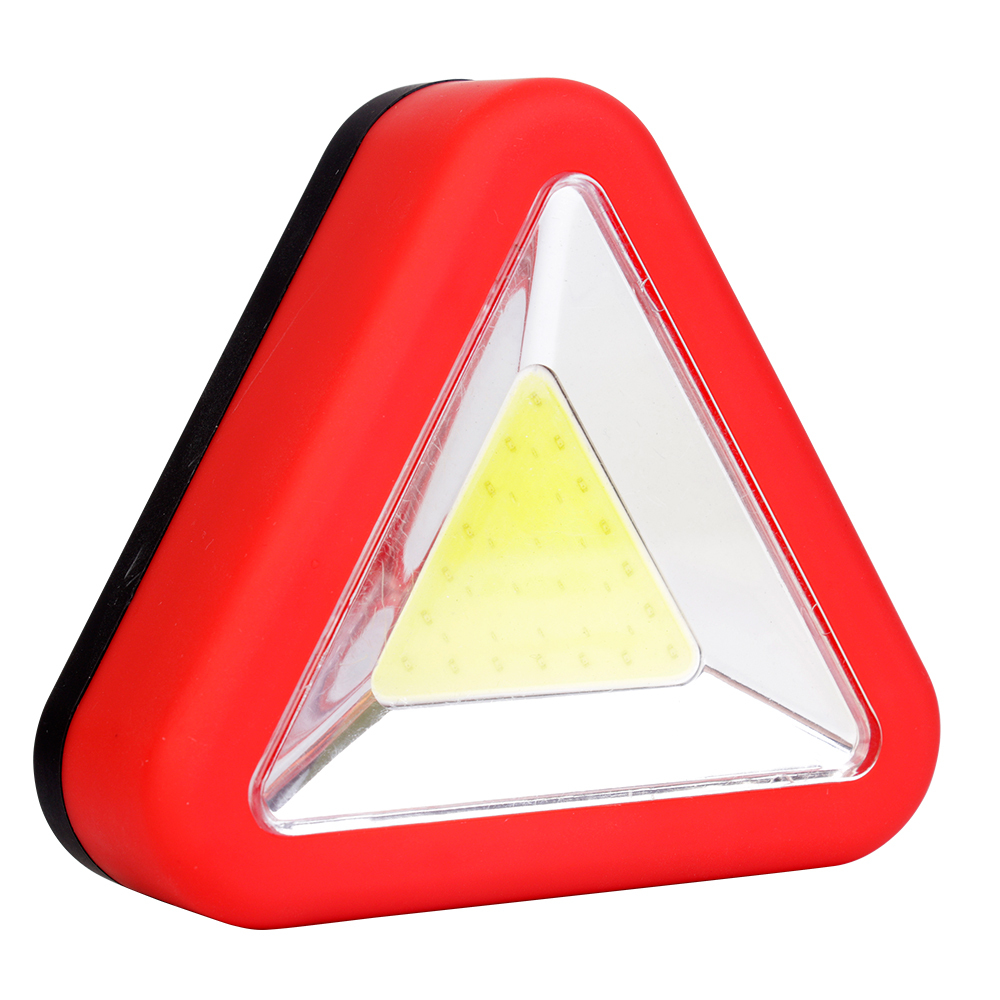 Three-quarter angled front view of the triangle emergency LED work light showcasing the central COB light panel.