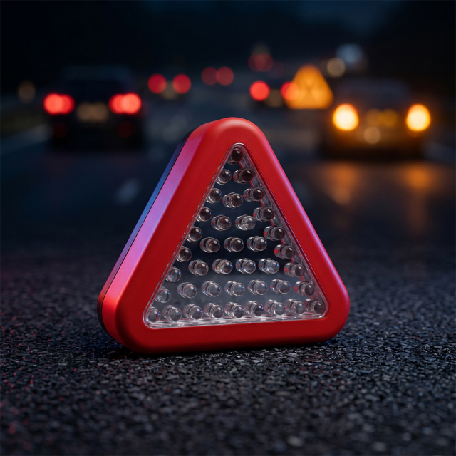 A triangle emergency LED work light standing on an asphalt road at night with blurred car taillights in the background.