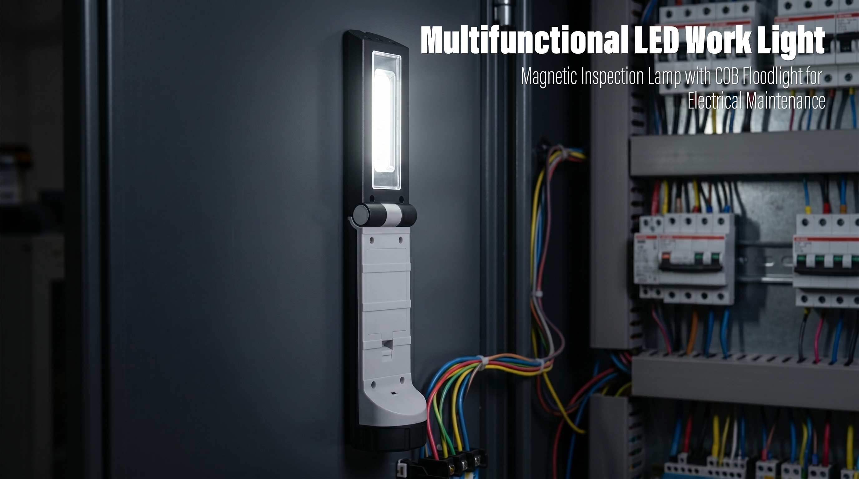 A battery-powered LED work light magnetically attaches to a metal cabinet to illuminate electrical wiring and breakers during maintenance.